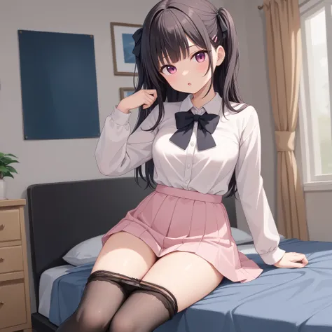 {best quality}, {very aesthetic}, {ultra-detailed}, {best illustration}, {masterpiece}, {detailed beautiful eyes}, {extremely detailed},1 cute girl , medium chest, jirai kei, bedroom:1.3) , (little, ultra cute kawaii:1.6), , (zettai ryouiki thinghhighs:1.2...