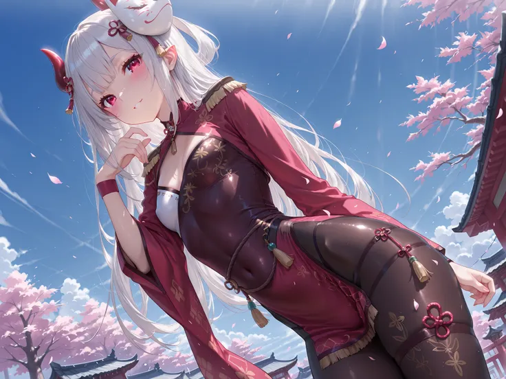 solo,masterpiece,best quality, amazing quality, highres, absurdres, very aesthetic, high resolution, ultra detailed, perfect details,(masterpiece, detailed:1.2),NRNijisanji, NR1stCostume, long hair, grey hair, red eyes, horns, floral print, flower knot, ma...