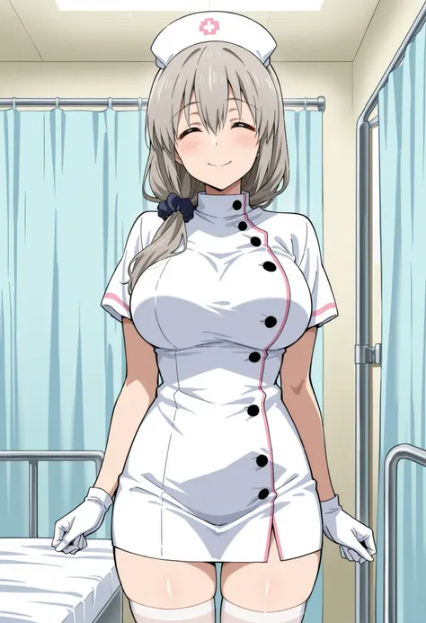 Score_9, score_8_up, score_7_up, source_anime, Tsuki Uzaki, solo, mature female, grey hair, hair over shoulder, hair scrunchie, hair ornament, hair between eyes, bangs, closed eyes, ^_^, large breasts, (best quality), (high quality), {masterpiece}, extreme...