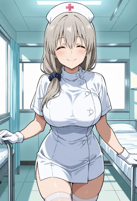 Score_9, score_8_up, score_7_up, source_anime, Tsuki Uzaki, solo, mature female, grey hair, hair over shoulder, hair scrunchie, hair ornament, hair between eyes, bangs, closed eyes, ^_^, large breasts, (best quality), (high quality), {masterpiece}, extreme...