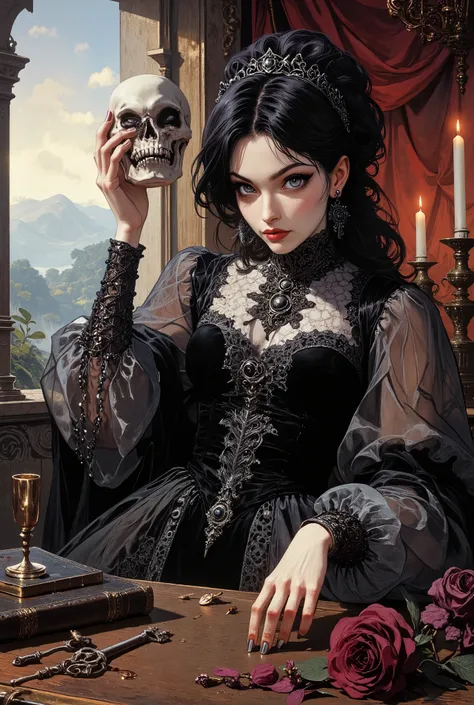 A young woman dressed in a Gothic outfit is sitting at a table. In one hand she holds a skull, and in the other hand she holds a silver cup, as if she is going to say a toast. Dramatic pose. The woman has pale skin and dark makeup, her lips are the color o...
