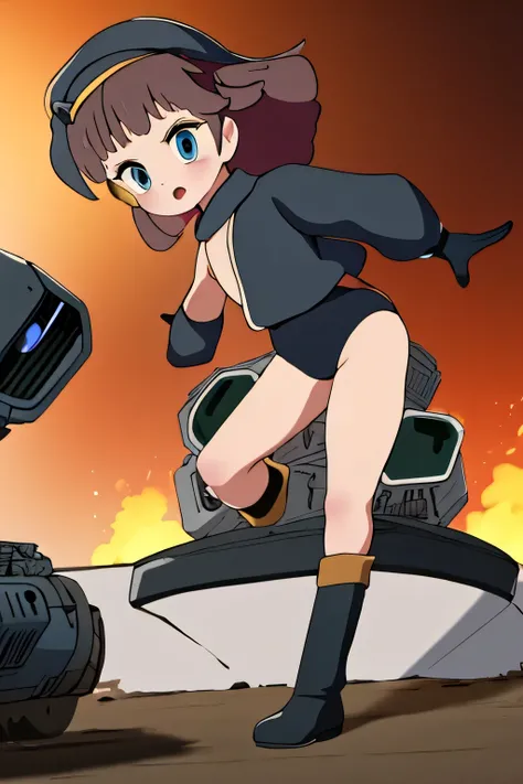 masterpiece , best quality, highres ,1girl,black long hair ,Angry  face , beret, blue eyes, black gymnastics bloomers,high leg,self wedgie , flat chest , sleeveless,Victorian blouse,  gloves, ultra detailed , Standing, (masterpiece, best quality, anime sty...