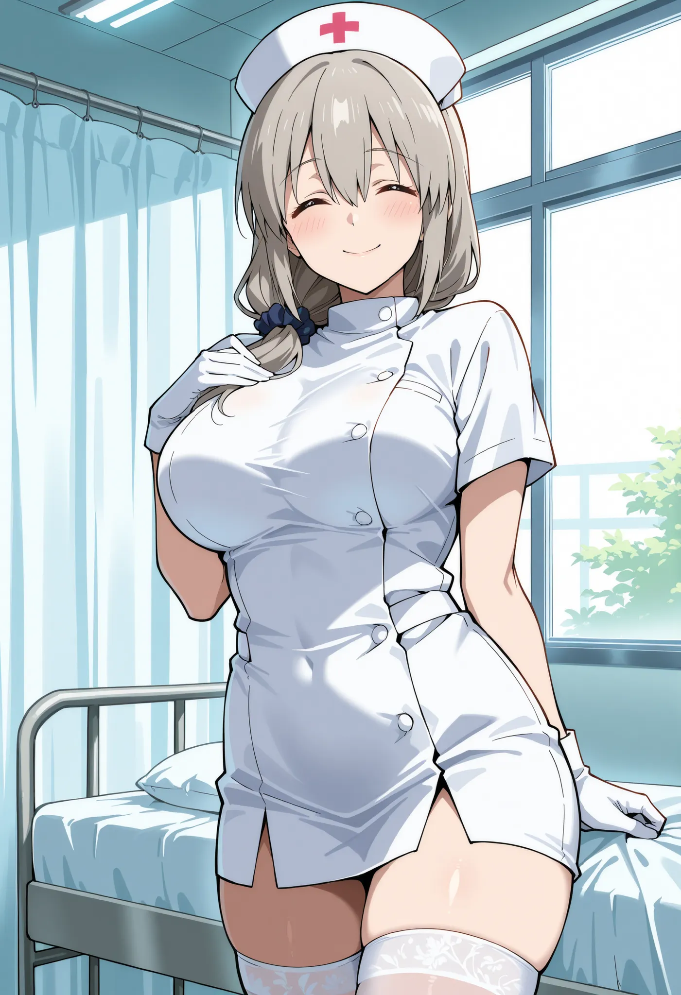 Score_9, score_8_up, score_7_up, source_anime, Tsuki Uzaki, solo, mature female, grey hair, hair over shoulder, hair scrunchie, hair ornament, hair between eyes, bangs, closed eyes, ^_^, large breasts, (best quality), (high quality), {masterpiece}, extreme...