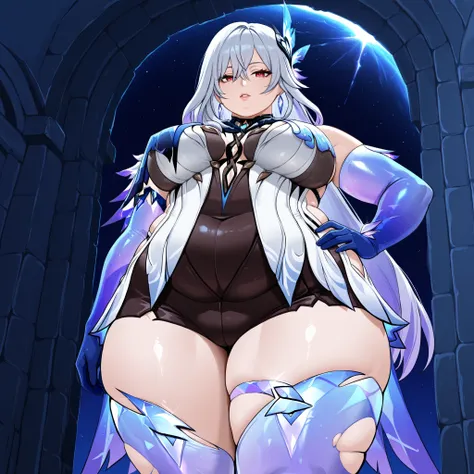 anime screencap, masterpiece, best quality,
1girl, solo, parted lips,
 1girl, solo, mature female, skirk \(genshin impact\), genshin impact, 1girl, solo, breasts, long hair, gloves, thighhighs, looking at viewer, elbow gloves, hand on hip, bangs, hair orna...