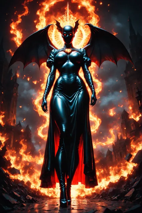 a comic fantasy art of a female devil holding angelic white masquerade mask in a masquerade ball, wearing black leather dress, elegant dress, full body, exotic beautiful female devil , ultra detailed face, best detailed face, ((red skin)), ((fiery glowing ...
