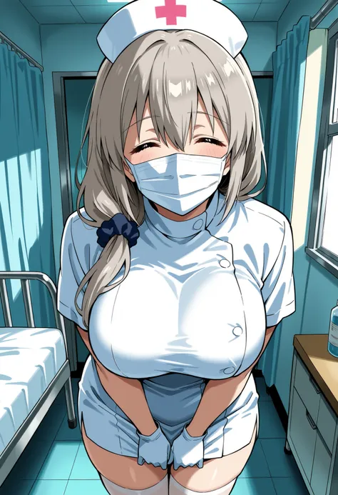 Score_9, score_8_up, score_7_up, source_anime, Tsuki Uzaki, solo, mature female, grey hair, hair over shoulder, hair scrunchie, hair ornament, hair between eyes, bangs, closed eyes, large breasts, (best quality), (high quality), {masterpiece}, extremely de...