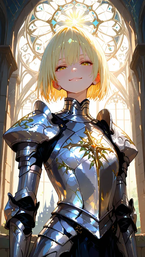 masterpiece, Ultimate Quality, ultra high resolution, 1 girl, short hair, Light Blonde, innocent smile, silver lite armor, Geometric pattern that emits gold light, small tits, flat chest, Prairie in the daytime, medieval castle, Magical Light, fantasy,  Re...