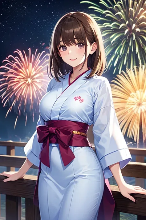 standing at the top of the mountain, Japanese yukata, Morning Glory flower pattern, , Fireworks in all directions, horizontal, looking up at fireworks, midnight, starry sky,(((Slender:1.5))), ((30 years old)), Japanese women,  beautiful , ((masterpiece)), ((best quality)), (Super Detailed),  beautiful  eyes,(bright smiles:0.5),,

 .
、
，


、
.


,,,,
.

.


.
.


, ...

.
.
、, 


,( masterpiece, best quality, high resolution, ultra high resolution, pixel perfect, depth of field, 4K, RTTX10.0),
、Anegasaki Nene, shiny brown hair, beautiful brown eyes, smiling face, , (fine grain), , highly detailed face,, (masterpiece:1.2, best quality), ((only1 girl)), ((cowboy shot))