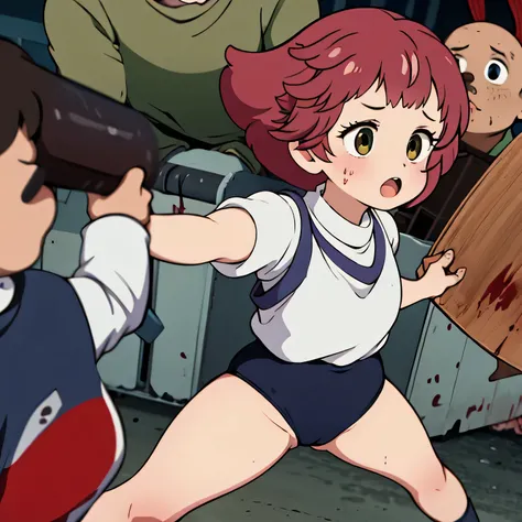 (masterpiece, highest quality), 
1girl wearing a black gymnastics bloomers,high leg,self wedgie, white blouse,Victorian blouse, multiple boys, zombie, scared, :o, motion blur, fighting stance, perspective, holding baseball bat, torn clothes, blood, horror ...