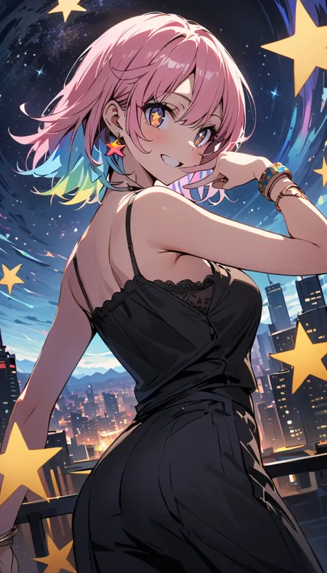 (beautiful girl : 1.3),1 girl,(camisole,bracelet,earrings,boots,(star-shaped pupil,+_+,symbol shaped pupil,Sparkling Eyes)),rainbow hair,short asymmetrical cut,Smile Yan,v over eyes,wink,Back view,butt, cubism background, Starry Night Sky,Skyscrapers,Dynamic Angle,masterpiece,top quality,Rich Contrasts,High Definition,8k,High Definition CG Unit Wallpaper,Textures,unbelievably absurd,RAW pictures,Deep Border 1 .2,very detailed