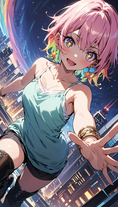 (beautiful girl : 1.3),1 girl,(camisole,bracelet,earrings,boots,(star-shaped pupil,+_+,symbol shaped pupil,Sparkling Eyes)),rainbow hair,short asymmetrical cut,Smile Yan, cubism background, Starry Night Sky,Skyscrapers,Dynamic Angle,masterpiece,top quality,Rich Contrasts,High Definition,8k,High Definition CG Unit Wallpaper,Textures,unbelievably absurd,RAW pictures,Deep Border 1 .2,very detailed
