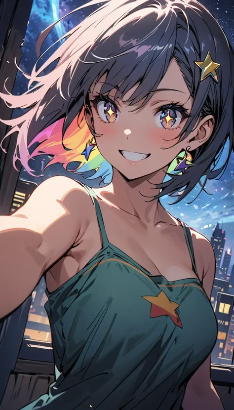 (beautiful girl : 1.3),1 girl,(camisole,bracelet,earrings,boots,(star-shaped pupil,+_+,symbol shaped pupil,Sparkling Eyes)),rainbow hair,short asymmetrical cut,Smile Yan, cubism background, Starry Night Sky,Skyscrapers,Dynamic Angle,masterpiece,top quality,Rich Contrasts,High Definition,8k,High Definition CG Unit Wallpaper,Textures,unbelievably absurd,RAW pictures,Deep Border 1 .2,very detailed