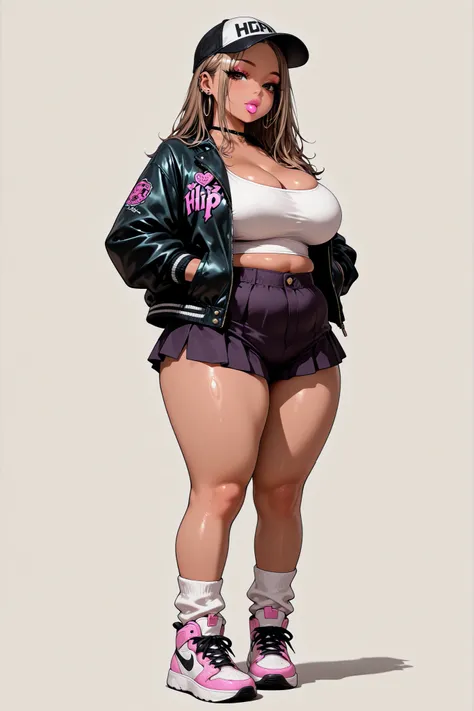 solo girl, brown hair, eyelashes, large breasts, plump, simple white background, HD, full body, gyaru fashion, cap head wear, jacket, hiphop, 