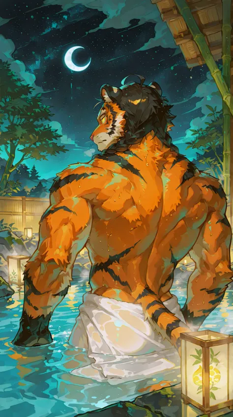 male tiger furry, muscular build, broad shoulders, covered in vibrant orange fur with sharp black stripes, prominent white chest fluff. Angular face with fierce amber vertical pupils. Black hair styled in a thick braid down his back, featuring a distinct a...
