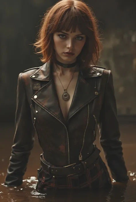 attention-grabbing composition, 1980s style art, (1 older aged vulnerable woman, submissive, dirty, old-fashioned, old-aged, 40 years old, with bags under her eyes, copper-brunette short haircut, in faded ugly tight flared bdsm biker suite with laces and ...