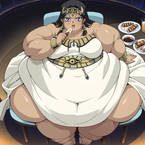masterpiece,best quality,{{detailed beautiful face and eyes}}, very detailed background, 1 girl, solo,
Ishizu Ishtar,dark skin,long hair,black hair,egyptian,parted bangs,blue eyes,medium breasts,
1girl,(is embarrassing,big blush, Egyptian dress, eating foo...