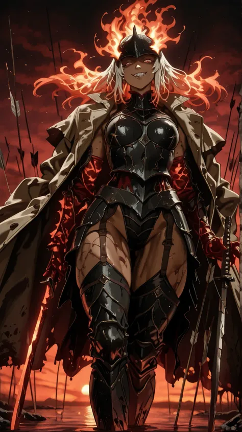 夕暮れの日本の古battlefieldに立つ傷ついた侍の後ろ姿、Other samurais falling down the river with the reflection of the sunset in the water、Looking back holding a bloody Japanese sword of、Three fiery red eyes with white eyes、Characteristic canine teeth、dark skin, dirty and stain...