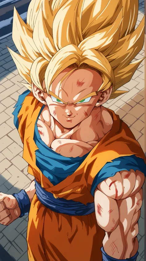 score_9, score_8_above, score_7_above, source_anime, a boy, Alone, Son Goku Saboveer Saiyan, blond hair, Green eyes,  smile, Muscular, goku costume , standing, japanese street background, per day, from the front,
