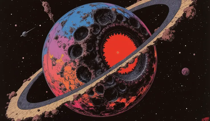 A terrifying sentient planet named Goor floating in deep space, its entire surface covered in massive crater-mouths with crystalline black teeth that slowly chew space debris, glowing red from within like a heartbeat, featuring one colossal crater-mouth th...