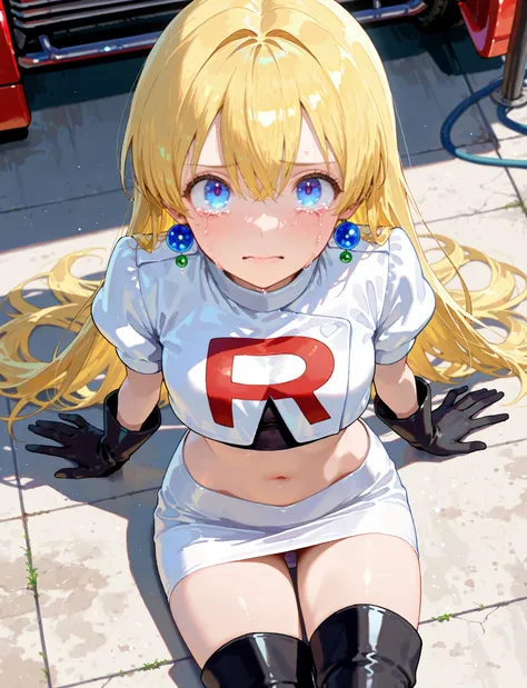 master piece,best quality,ultra detailed,ultra hires,32k,beautiful detailed face,beautiful detailed eyes,looking up a viewer,blue eyes,long golden hair,background is garage,white cropped short sleeve jacket, black gloves, blue earrings, thighboots, white s...