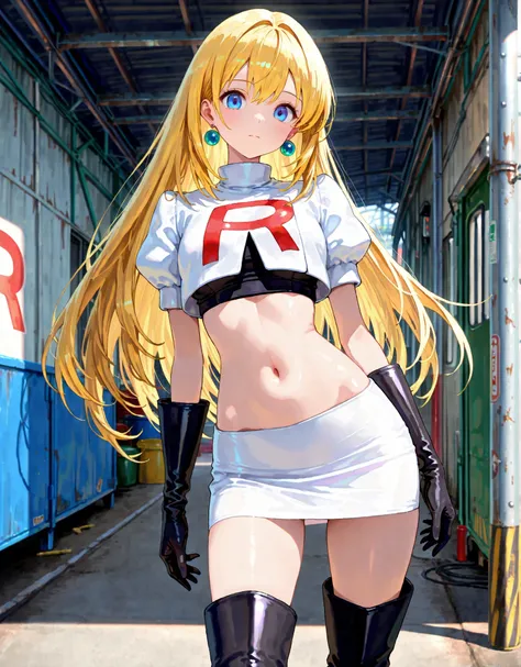 master piece,best quality,ultra detailed,ultra hires,32k,beautiful detailed face,beautiful detailed eyes,looking at a viewer,blue eyes,long golden hair,background is garage,white cropped short sleeve jacket, black gloves, earrings, thighboots, white skirt,...