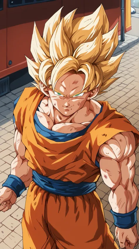 score_9, score_8_above, score_7_above, source_anime, a boy, Alone, Son Goku Saboveer Saiyan, blond hair, Green eyes,  smile, Muscular, goku costume , standing, japanese street background, per day, from the front,