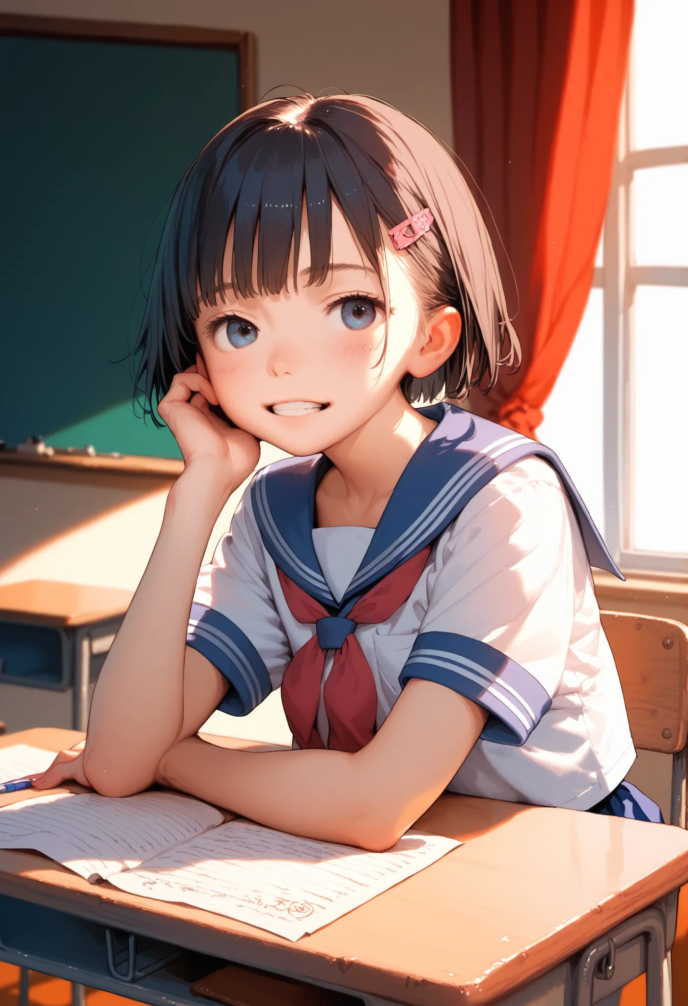 animated illustration, classroom, curtain, evening, girls, stupid hair, double teeth, short hair, Short sleeve, sailor suit, put a cheek stick on the desk, Unnuit Feeling, Depiction of light, Greatest Masterpiece, top quality, Detailed down to the smallest...