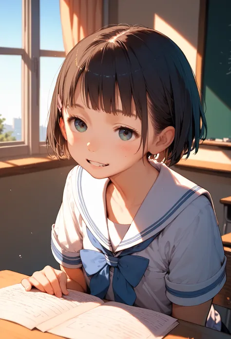 animated illustration, classroom, curtain, evening, girls, stupid hair, double teeth, short hair, Short sleeve, sailor suit, put a cheek stick on the desk, Unnuit Feeling, Depiction of light, Greatest Masterpiece, top quality, Detailed down to the smallest...