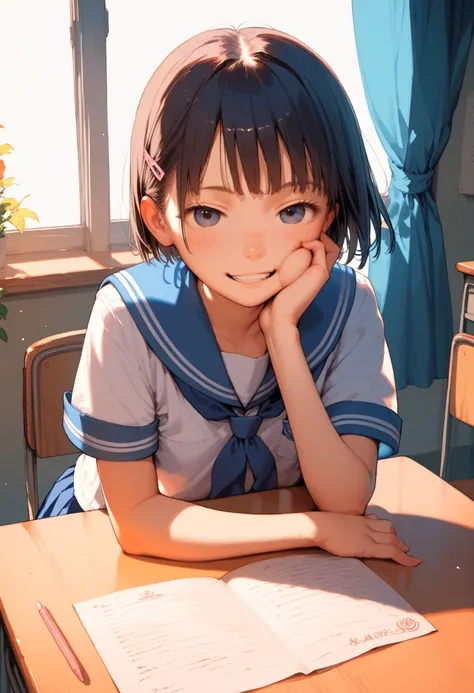 animated illustration, classroom, curtain, evening, girls, stupid hair, double teeth, short hair, Short sleeve, sailor suit, put a cheek stick on the desk, Unnuit Feeling, Depiction of light, Greatest Masterpiece, top quality, Detailed down to the smallest...