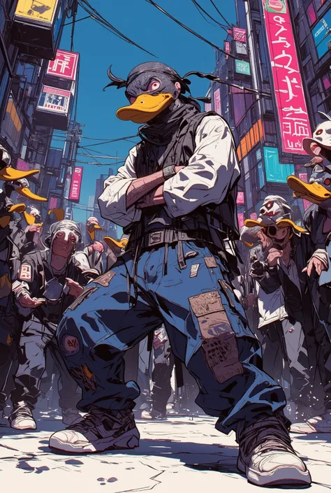 Epic break dance battle between two ducks b-boys, surrounded by a cypher of stylish ducks, leading gangster duck in the foreground with dominant pose and arms crossed, vestindo bandana, colete jeans com patches, wide cargo pants , Hypebeast sneakers, other...