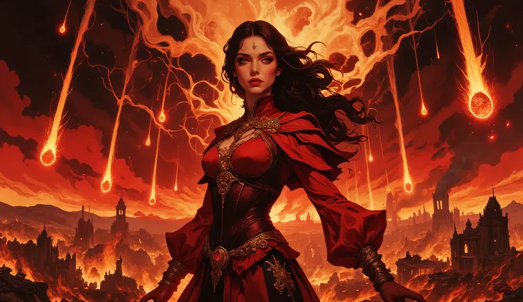 Digital art, fantasy painting, surrealism, (masterpiece), (Super detailed), UHD, 8k.
Featuring a powerfull Gipsy sorceress invoking multiples meteorites (falling like fire comets).
Red outfit, intricate details, skirt, cape, corset, long dark hair, beautif...