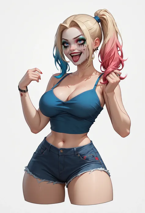  ((White background)) rathing_questionable, (1 girl) (solo girl)  score_9,  score_8_up,   BREAK,  perfect face, 1 girl, (Harley Quinn:0.7), ((Light makeup:1.4))  pink and blue blond ponytail hair，blue eye ((white Cropped camisole:1.4)) (Jeans shorts)  ((bi...