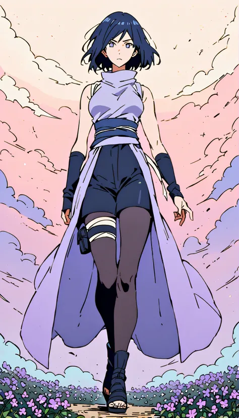 (((IZUMI NASE)))) walking confidently through a dreamy twilight field filled with violet flowers. The art style should closely match that of Naruto or similar shounen anime, with clean linework and soft shading. She has SHORT  hair, and the hair color is a...
