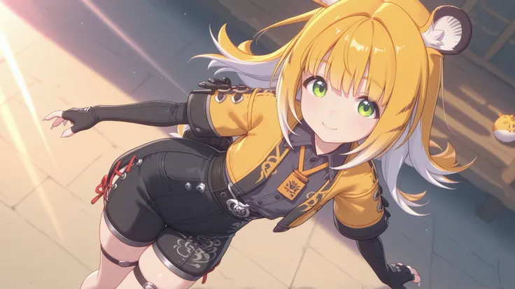 shiny skin, Posing,
JuFuFu,
Shine, Shine, sun beam,
high angle, looks at the viewer,
sweet smile, shows claws,