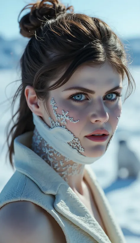 Play frozen hyperrealistic Alexandra Daddario from Mortal Kombat wearing her rarest white iron mask in white on a lawn with a polar bear in a luxurious setting and a frozen eagle and hyperrealistic snow torso in 8k
