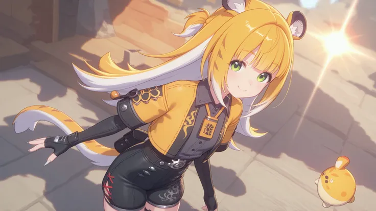 shiny skin, Posing,
JuFuFu,
Shine, Shine, sun beam,
high angle, looks at the viewer,
sweet smile, shows claws,