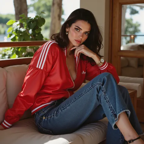 Beautiful woman, medium lush brunette hair, romantic look, wearing zipped up shiny red and white adidas collared track jacket with zipper clousure, long sleeves, wide leg bell bottom denim jeans, lying on sofa at a cafe, crossing legs, high hills black san...