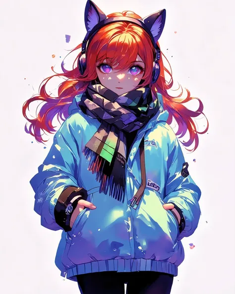  masterpiece. detailed image, perfect human anatomy, very detailed eyes, vivid colors, 4k, a beautiful woman (beautiful curves) with long red hair wavy at the ends, purple eyes, wearing winter clothes: a padded jacket ((light blue)) at waist height, a gray...