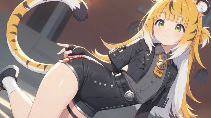 masterpiece, Top quality, amazing quality, inner , Midea, absurd dress, Top quality, 4k, luxury, jufufu, 1 girl, One, green eyes, tiger's tail, tiger Ears, gloves, shirt, smile,shiny eyes , beautiful eyes on my stomach, charming, erotic, shiny leg...