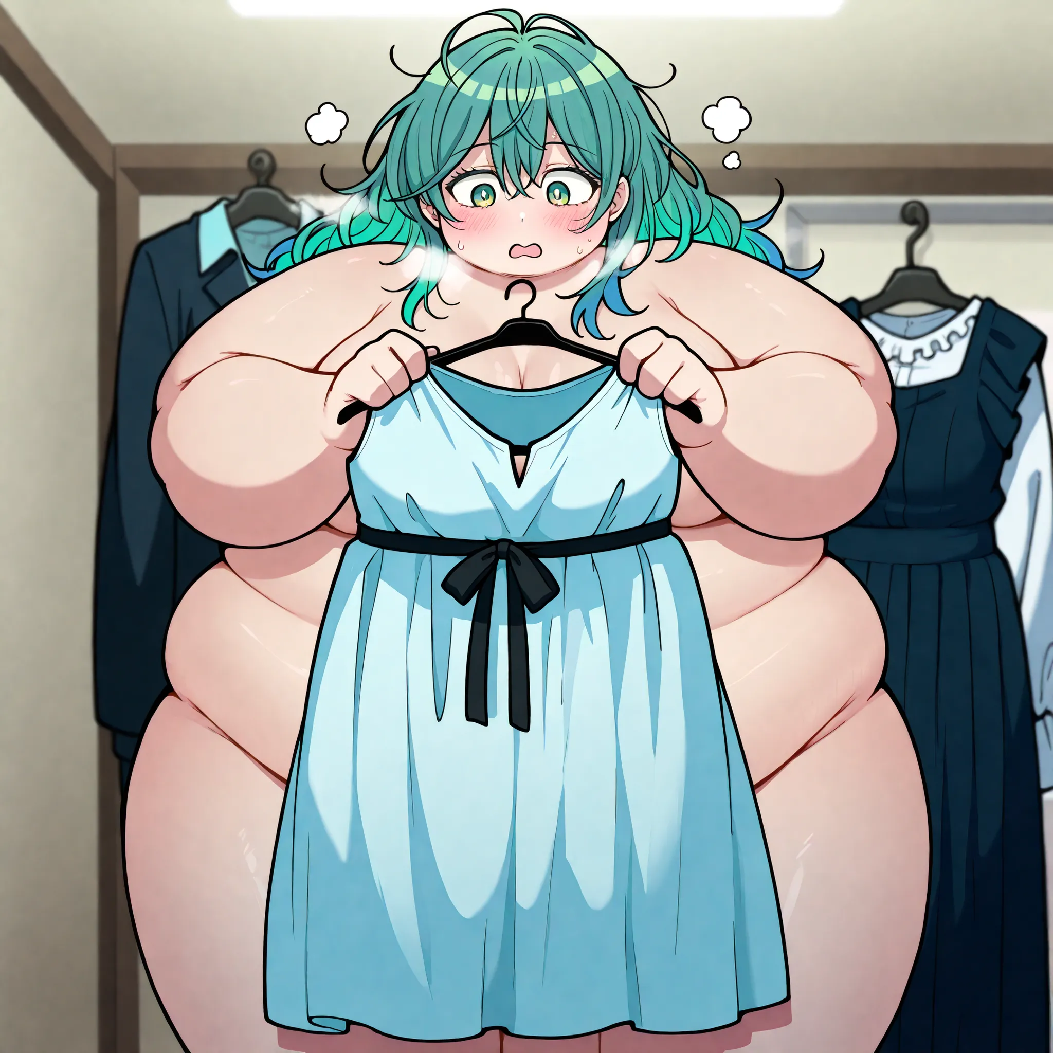 masterpiece, best quality, amazing quality,, 1 girl, solo,  , green hair, multicolored hair, green eyes, messy hair, hagakure toru,, mature female, breasts, anime screencap,,  holding clothes hanger, clothes hanger, clothes in front, holding, blush, unworn...