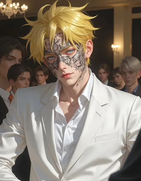 ((Uzumaki Naruto Look A like)), ((master part:1.2, best quality)), 4k, 1 man, anime style, Handsome, short Yellow hair, forehead, white suit, blue tie, portrait, white mascarade mask covering his whole face, black details on the mask, defined body, light...