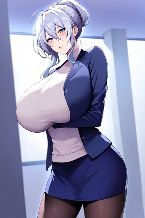 score9, score8up, score7up, score6_up, 

Apartment,

Standing At attention,

1 girl,solo, huge breasts,Mature,

White_ribbed_sweater,Blue_skirt,Blue_jacket,
pantyhose,skirt,

puu no puupuupuu, mifuyu yukino,

blue_eyes,silver_hair,hair_between_eyes,hair_bun,

detailed decoration,parted lips,moody,looking at viewer,

lighting,Smile,

masterpiece, best quality, amazing quality, very aesthetic, absurdres, newest,