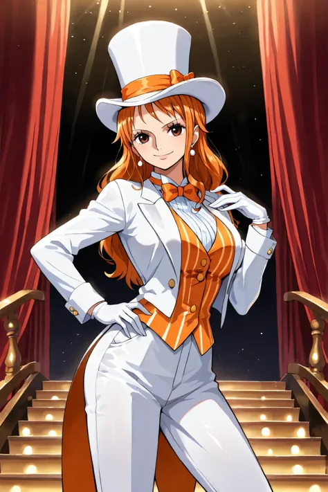  (masterpiece, vibrant colors), solo, 1girl, nami, one piece, long orange hair, earrings, brown eyes, sleek legs, breasts, (white silk top hat, orange band, snug fit), white tailcoat, orange pinstripe vest under tailcoat, orange bowtie, white dress pants, ...