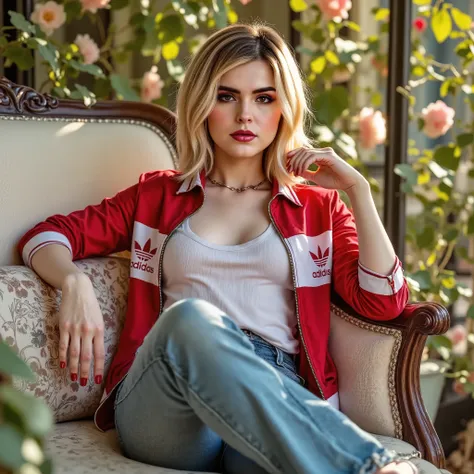 Beautiful woman, medium lush blonde hair, romantic look, wearing zipped up shiny red and white adidas collared track jacket with zipper clousure, long sleeves, wide leg bell bottom denim jeans, lying on sofa at a cafe, crossing legs, high hills black sand...