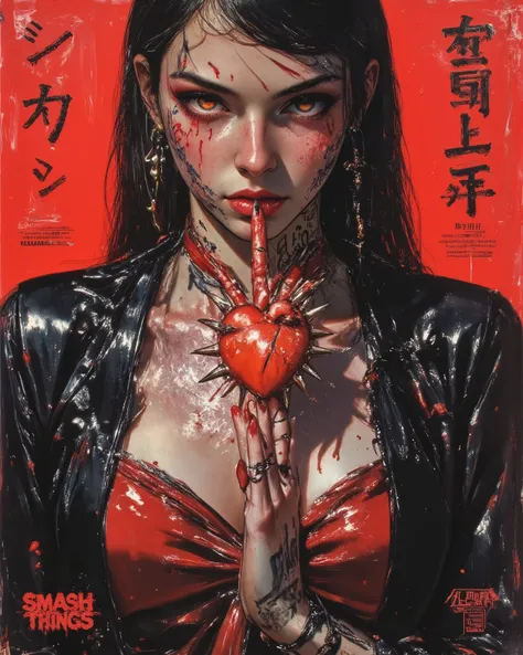 wicked, Dark and dangerous world of picture books！、((Dangerous World:1.2)) fashion photograph、((Movie poster: "Smash Things" Olbamedusa presents:1.2))、portrait,A young woman with a human heart with spikes in her hand, photorealistic, Later ,genuine leather...