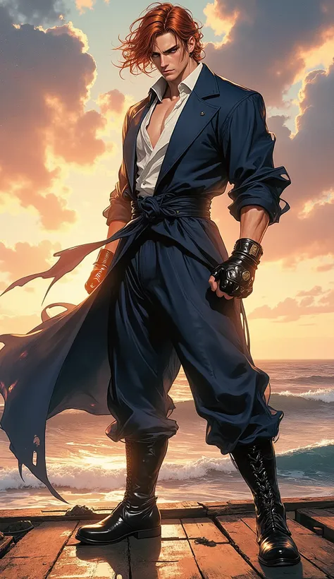 Epic fantasy realism, masterpiece, 8k, hyper-detailed digital painting. A low-angle, dynamic full-body portrait of a tall, powerful, and handsome young martial artist. He is posed in a formidable boxing stance on a weathered coastal pier as the sun sets ov...