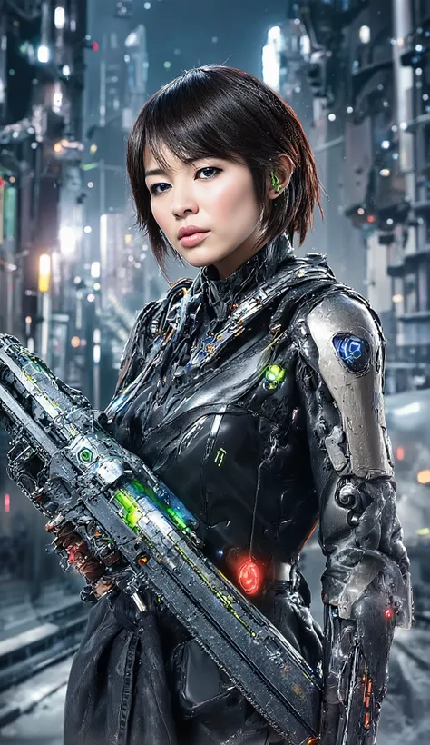 HD Images、Cyberpunk Suit、android female soldier、BOB CUT SHORT HAIR、black hair、a futuristic city、quality improvement，