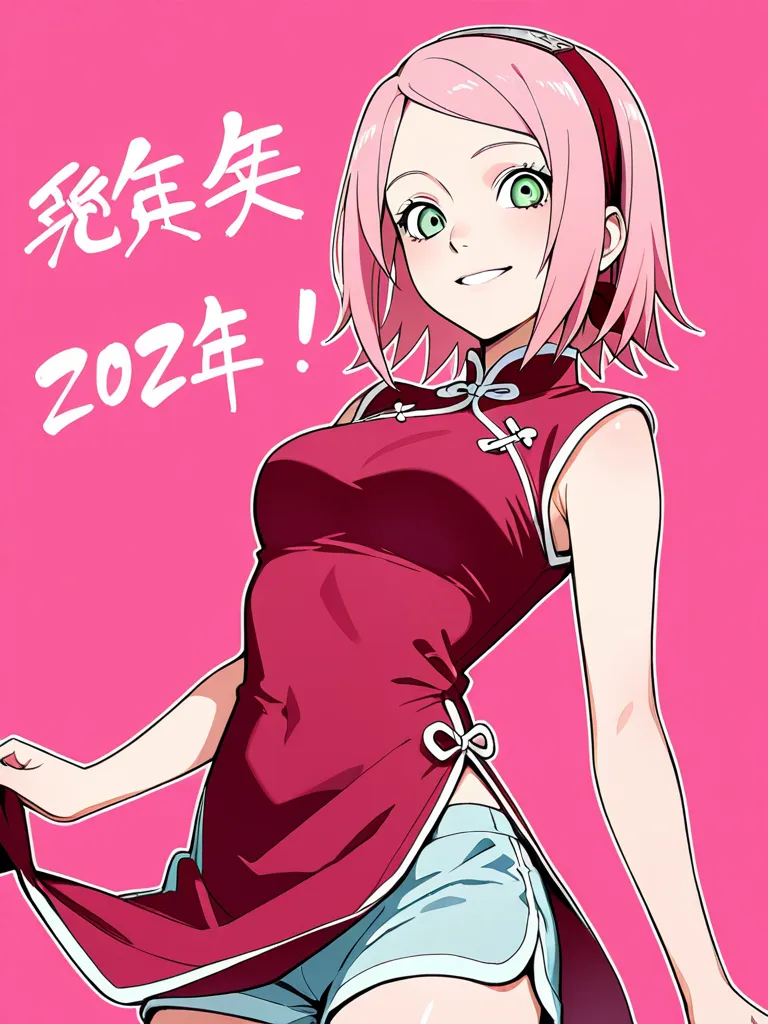 The girl with long pink hair is called Sakura Haruno . she wears qipao and shorts she has beautiful expressive green eyes she