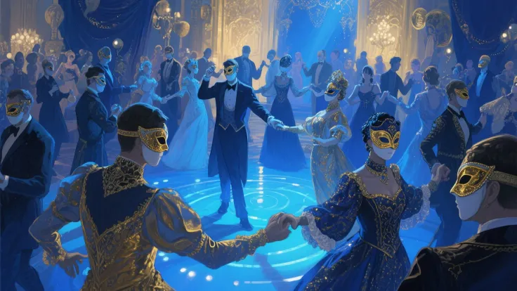Masked dance scene，masquerade，Multiplayer Prom。多人masquerade，be in apple-pie order，Thick coating style，Third-Person Perspective，Blue Gold Tone Theme，soft light，intricate details