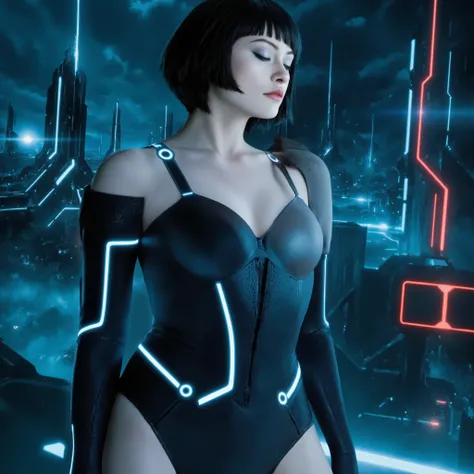 score_9, score_8_up, score_7_up, score_6_up, score_5_up, score_4_up, masterpiece, best quality, amazing quality, very aesthetic, absurdres, newest, quorra - tron legacy, upper body, a woman with black short hair, she wears nothing but a black bra, black br...